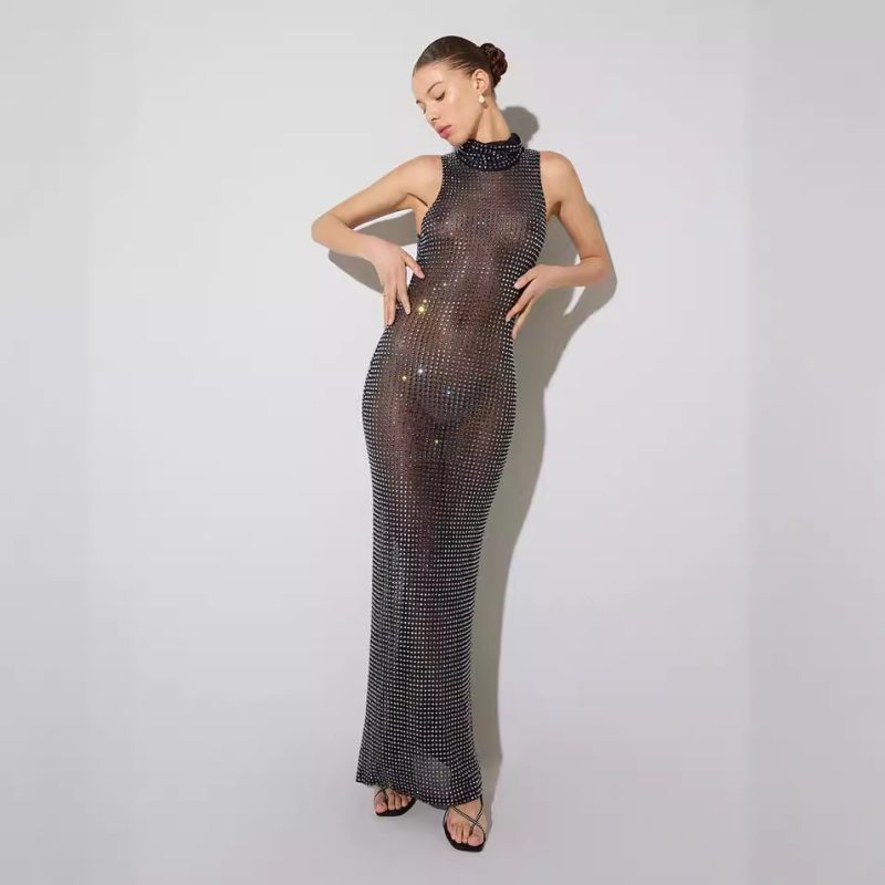 Sheer Mesh Rhinestone Cutout Sleeveless Maxi Dress