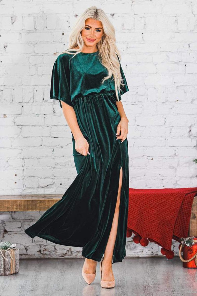 Elegant Women’s Velvet High Slit Evening Dress