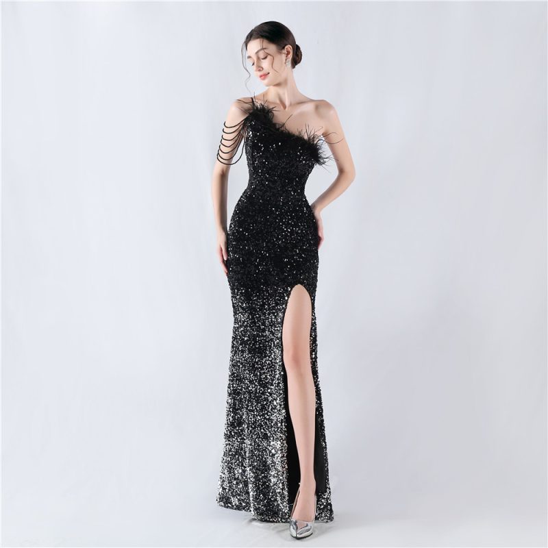 One-Shoulder Beaded Sequin Evening Dress with Feathers - Image 2