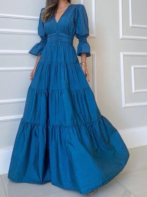 Spring V Neck Long Sleeve Mid Length Dress