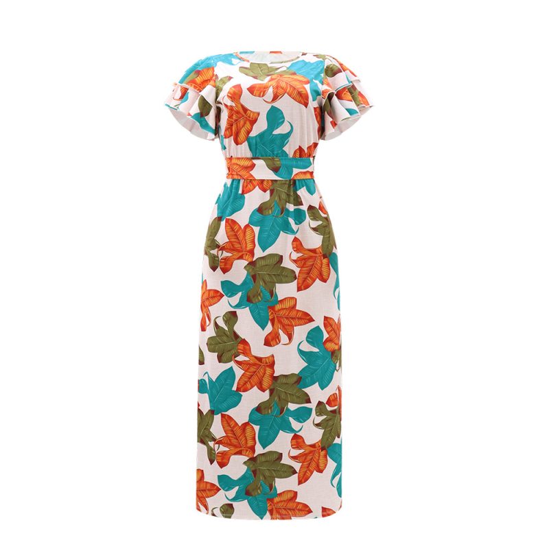 Round Neck Printed Dress with Lace Up Waist - Image 3
