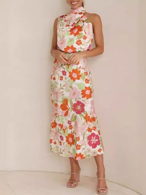 Elegant Women’s Sleeveless Satin Dress with Print