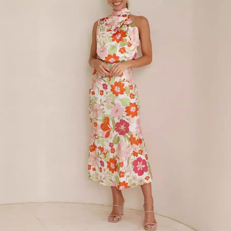 Elegant Women’s Sleeveless Satin Dress with Print