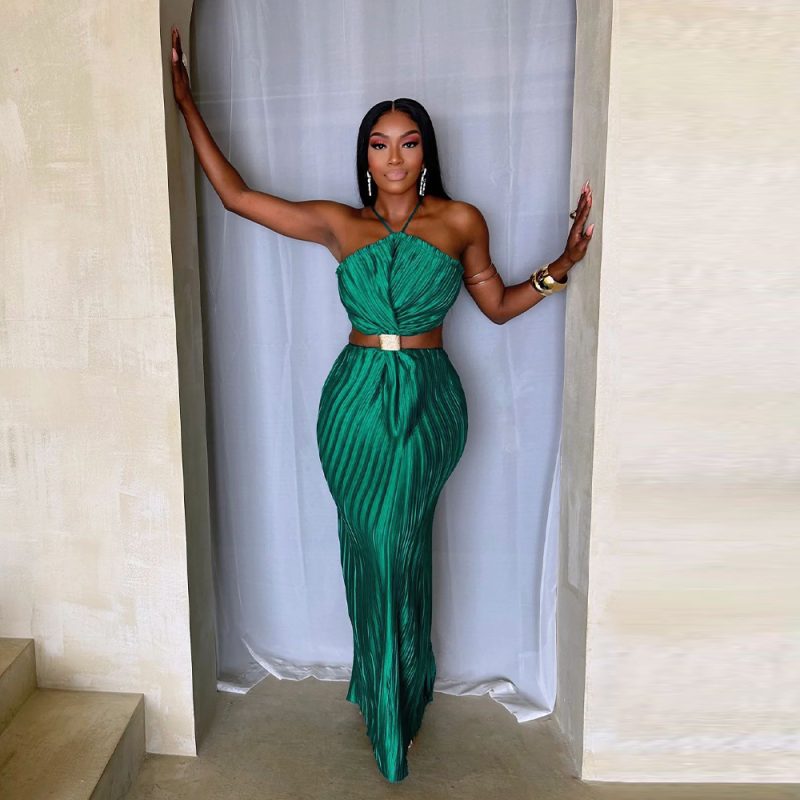 Women’s Pleated Lacing Evening Dress with Slit - Image 2