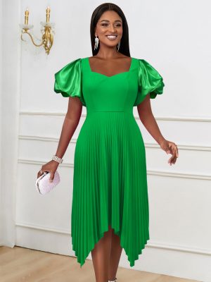 Christmas Elegant Puff Sleeve Asymmetric Pleated Dress