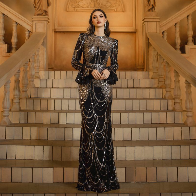 Women’s Sequin Round Neck Long Sleeve Fishtail Dress - Image 4