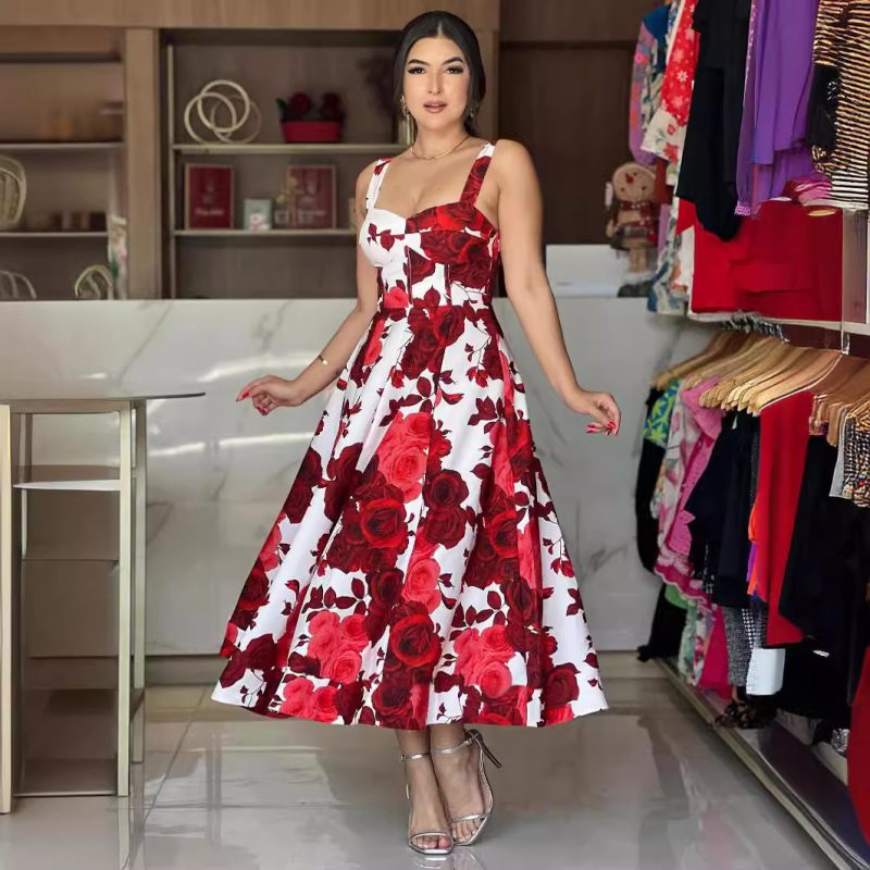 Elegant Women’s Red Rose Printed Sling Maxi