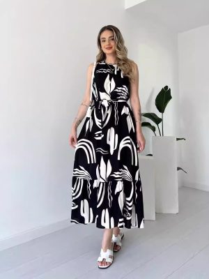 Asymmetric Print Sleeveless High Waist Slim Tie Dress