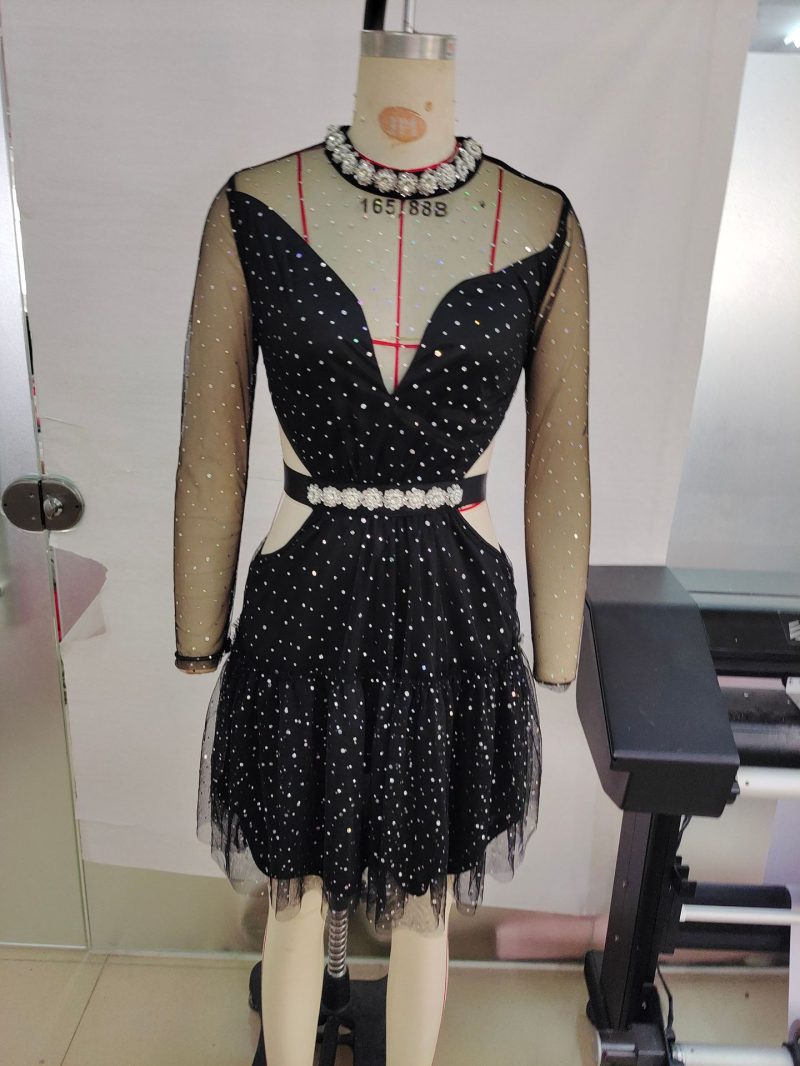 Polka Dot Black Mesh Cinched Rhinestone Dress - Image 4