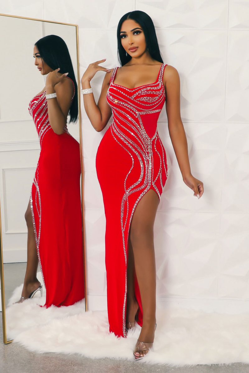Elegant Rhinestone Sleeveless Sheath Split Stretch Dress