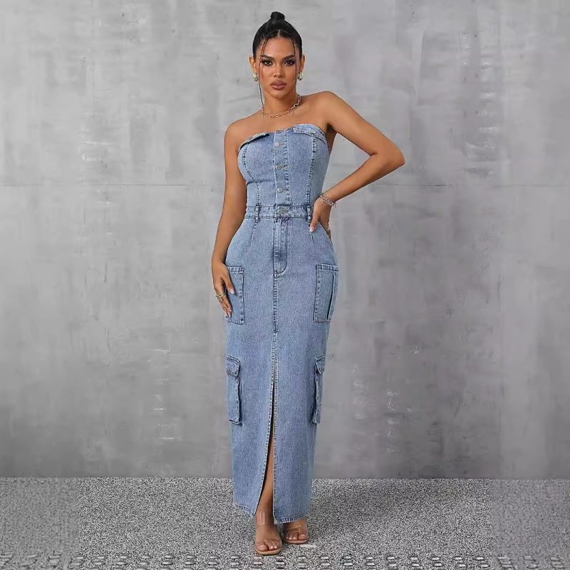 Casual Tube Top Denim Dress with Pockets - Image 3