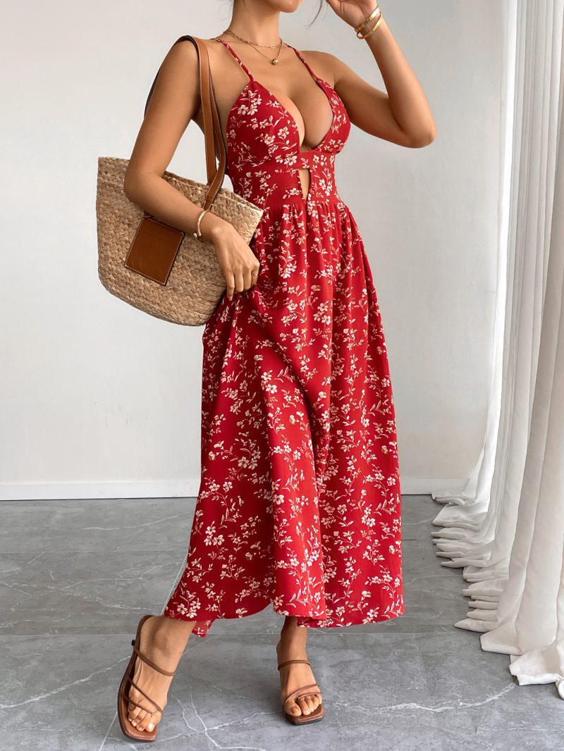 Retro V-Neck Sweet Floral Slim Maxi Dress - Image 3
