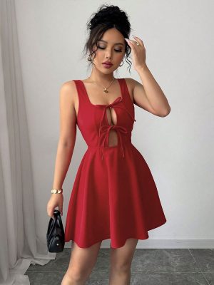 Summer Square Collar Red A-Line Slip Dress