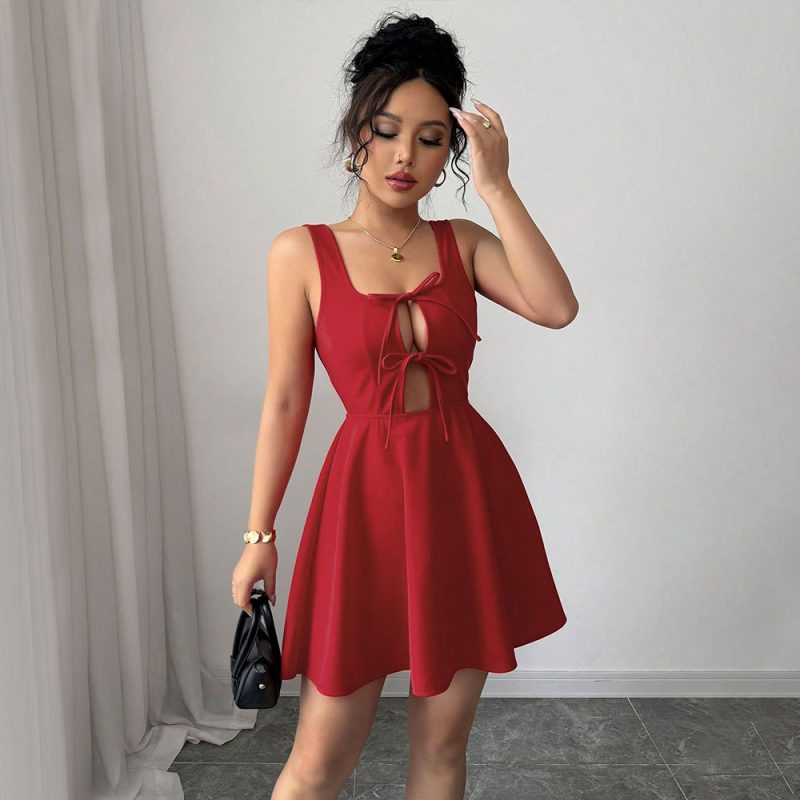 Summer Square Collar Red A-Line Slip Dress
