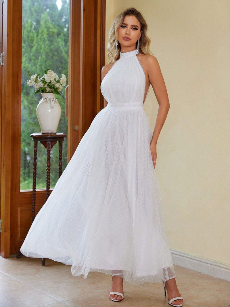 Women’s Halter Mesh Stitching Sleeveless Evening Dress