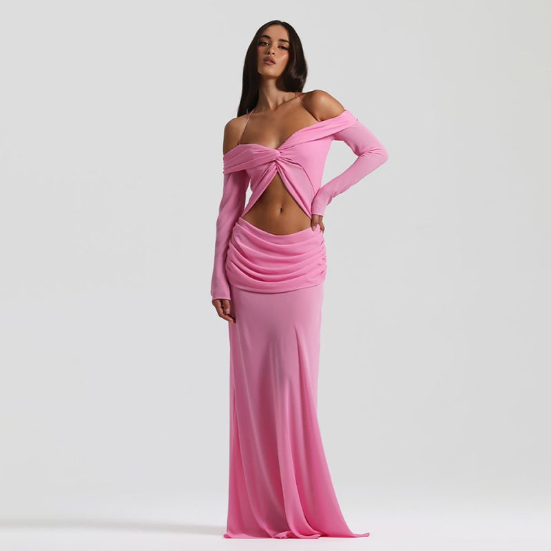 Summer Twisted Chiffon Off Shoulder Pleated Maxi Dress - Image 2
