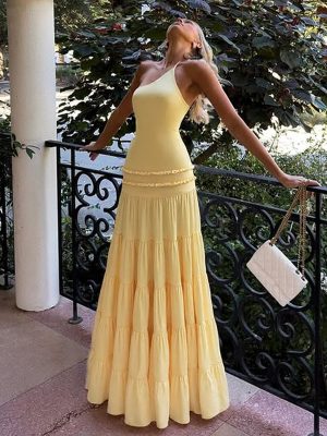 Women’s One-Shoulder Cutout Pleated Maxi Layered Dress