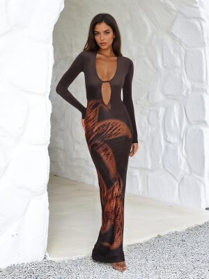 Women’s Deep V-Neck Printed Cutout Midi Dress