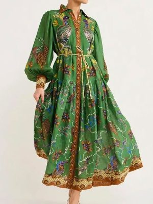 Women's Waist Controlled Vintage Lantern Sleeve Maxi Dress