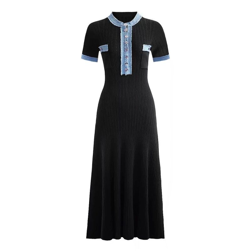 Women’s Summer Denim Stitching Short Sleeve Knitted Dress