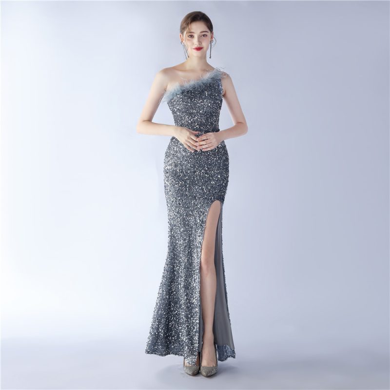 Off Shoulder Ostrich Feather Sequin Evening Dress - Image 2