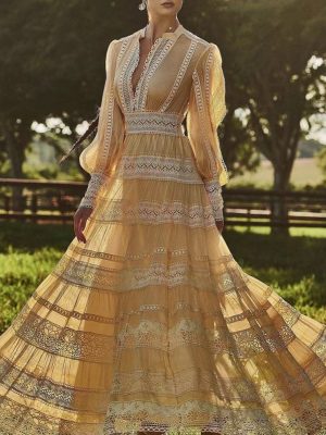 French Vintage Patchwork Lace Trim Maxi Dress
