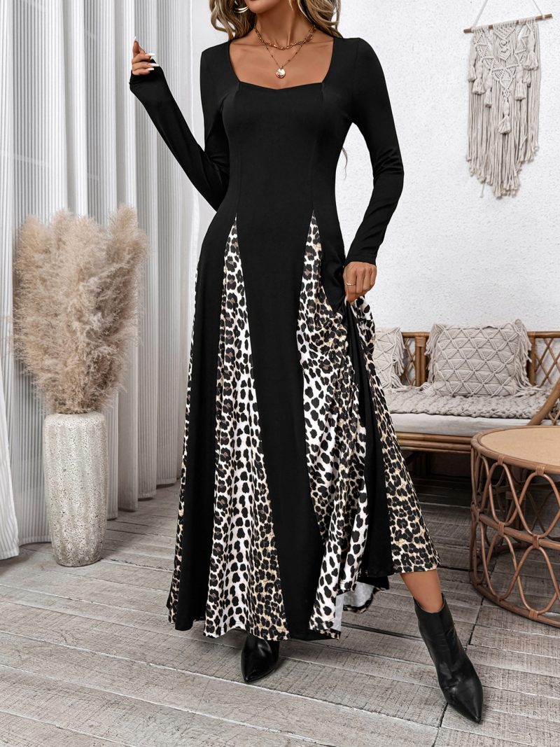Retro Leopard Splicing High Waist A Line Dress - Image 2