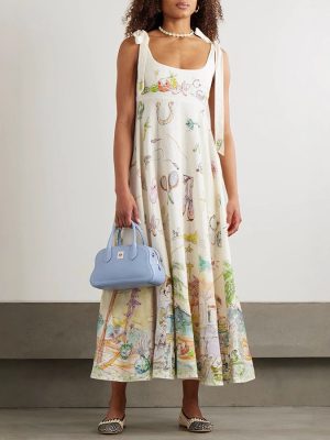 Spring Summer Linen Printed Lace Up Dress