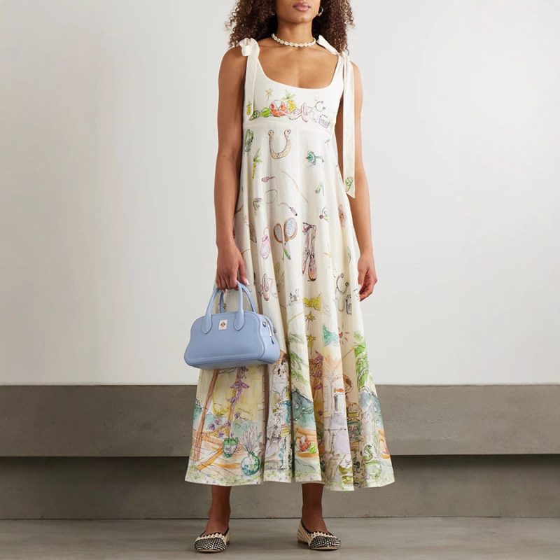 Spring Summer Linen Printed Lace Up Dress