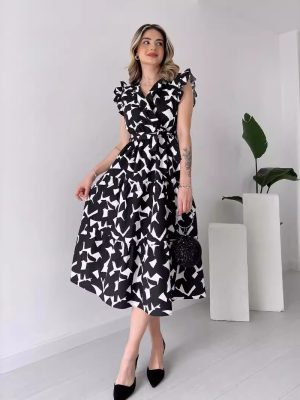 Elegant V-Neck Printed Midi Dress with Lace-Up