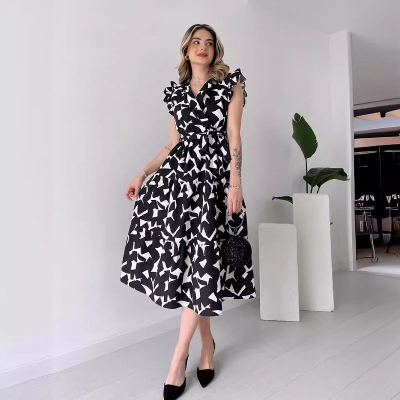 Elegant V-Neck Printed Midi Dress with Lace-Up
