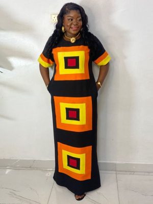 Contrast Color Printed Side Slit Maxi Dress