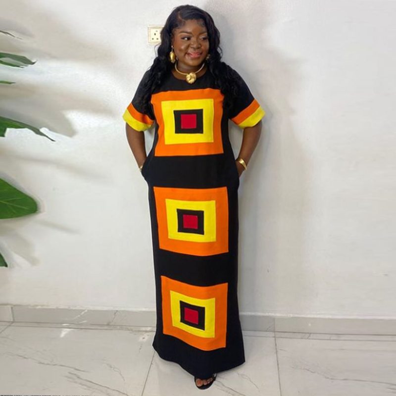 Contrast Color Printed Side Slit Maxi Dress