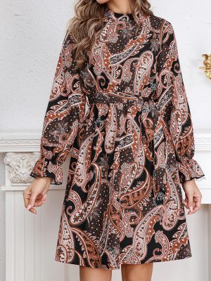 Women’s Ethnic Retro Printed Belted Shirt Dress