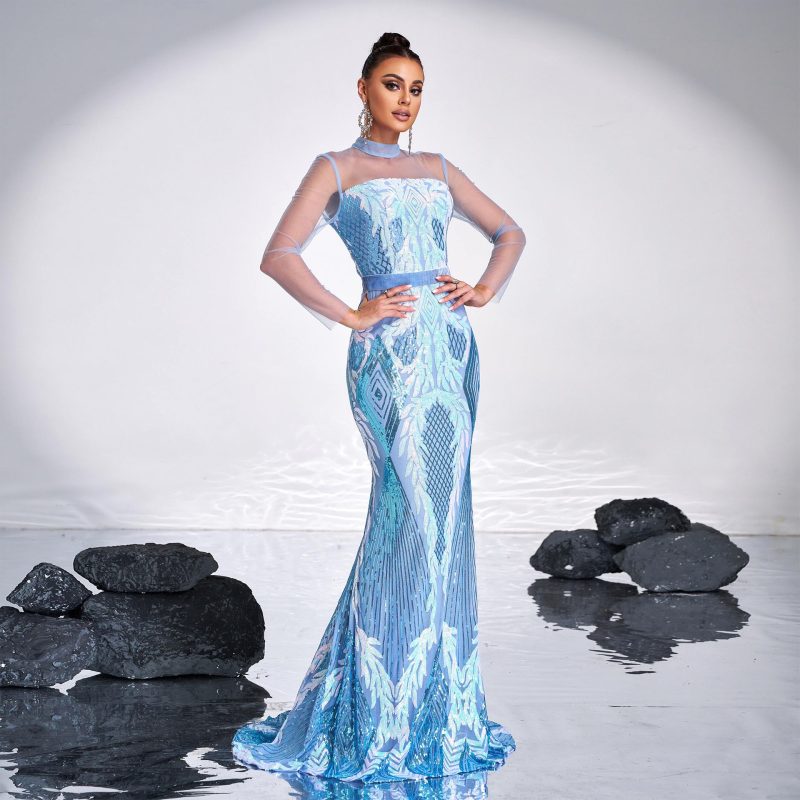 High-End Mesh Sequined Long Sleeve Evening Dress - Image 2