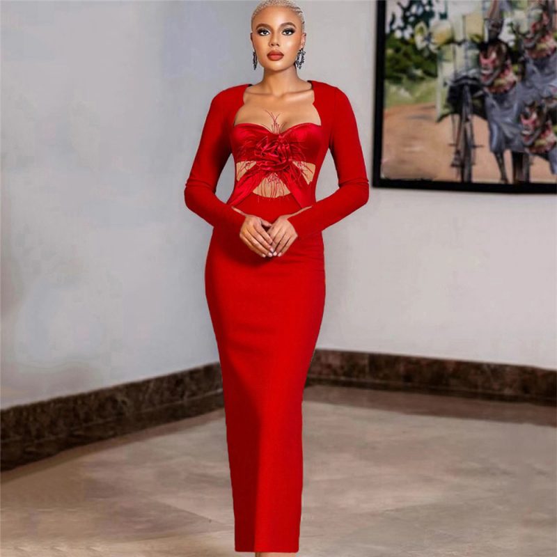 Cutout Feather Long Sleeve Bandage Formal Dress