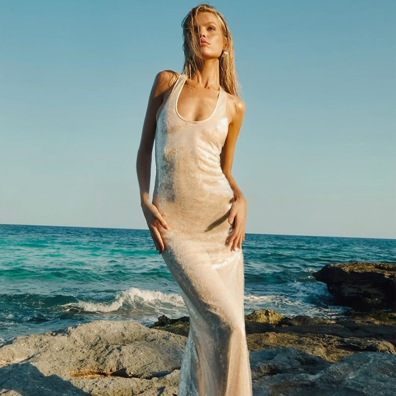 Spring Spaghetti Strap Sequin Slim Fit Sleeveless Dress - Image 4