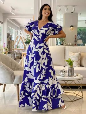 Graceful V Neck Lace Up Ruffled Stitch Dress