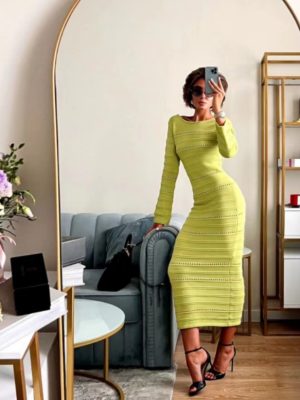 Women’s Autumn Winter Striped Woolen Long Dress