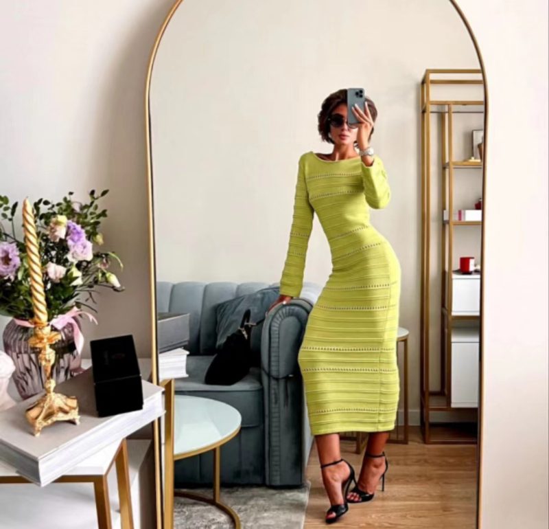 Women’s Autumn Winter Striped Woolen Long Dress