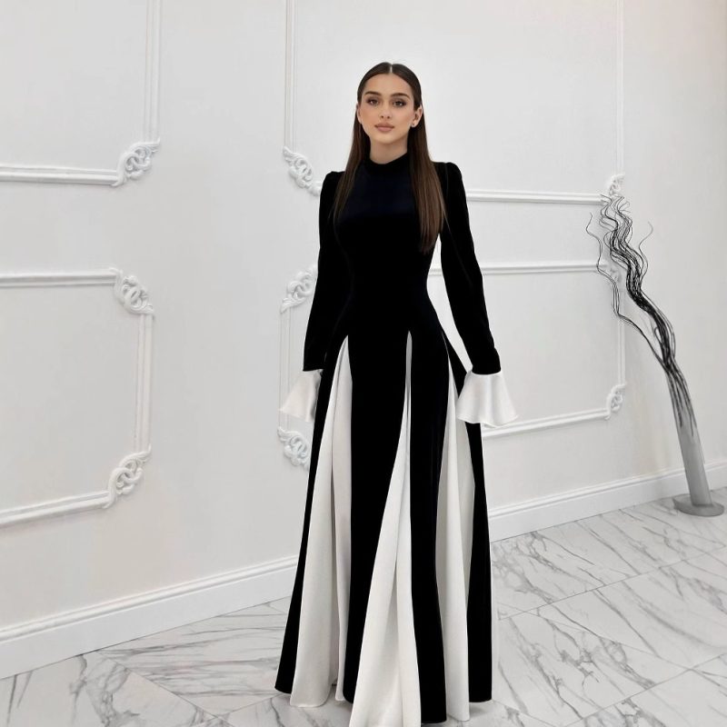 Elegant Black White Contrast Ruffle Winter Dress