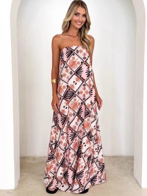 Printed Strapless Swing Women Holiday Maxi Dress