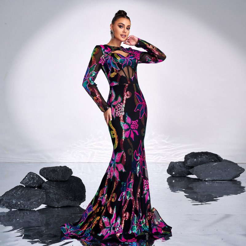 Long Sleeve Hollow Out Sequined Fishtail Dress - Image 2