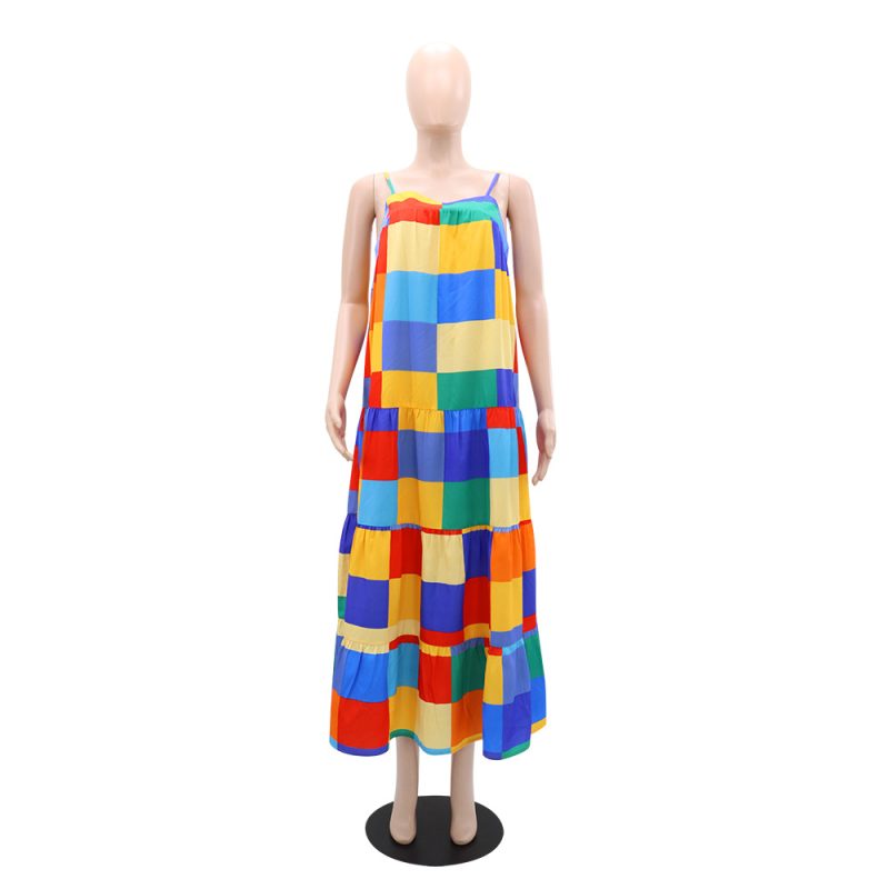 Summer Plaid Mosaic Suspender Maxi Dress for Women - Image 2