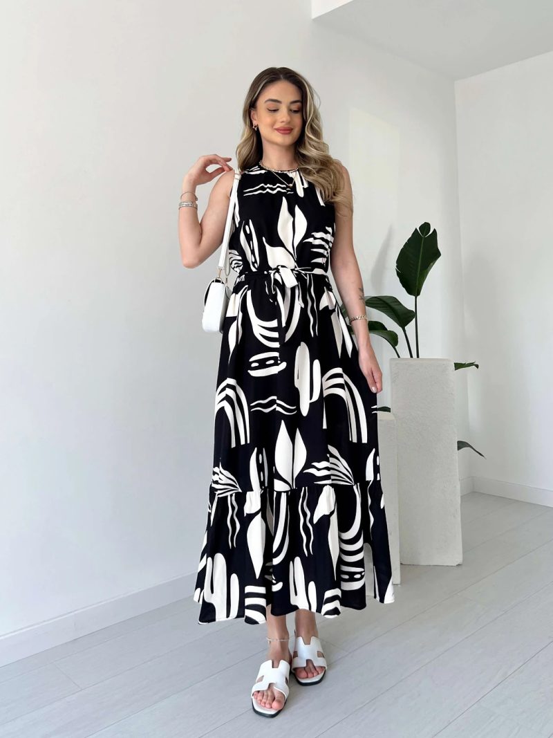 Asymmetric Print Sleeveless High Waist Slim Tie Dress - Image 2