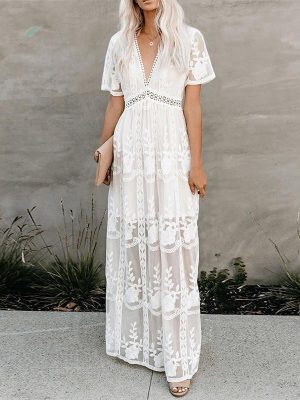 Spring Summer Women’s Lace V-Neck Chiffon Dress