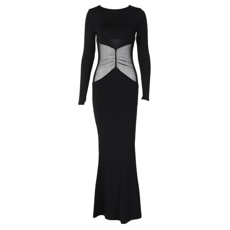 Fall Round Neck Mesh Patchwork Long Sleeve Dress - Image 4
