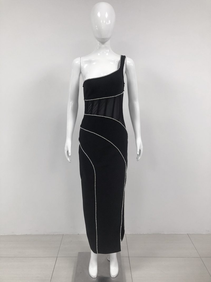 Black One-Shoulder Corset Bandage Dress with Split - Image 2