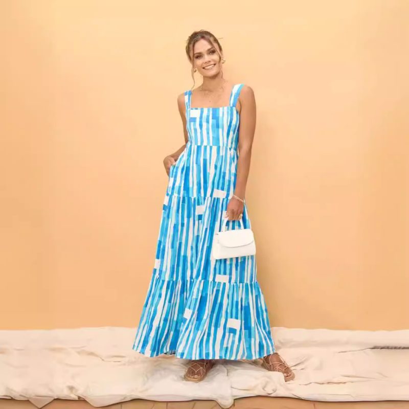Striped Off-Shoulder Lace-Up Dress for Spring Summer