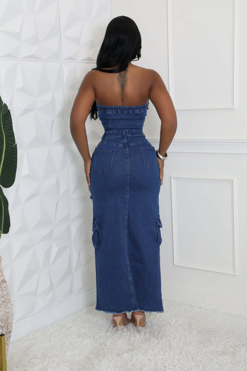 Autumn One Shoulder Pocket Split Denim Dress - Image 4